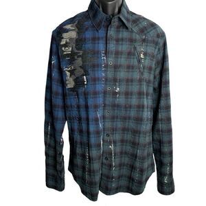 Krush Western Embroidered Button Up Shirt XL Blue Plaid Paint Pocket Long Sleeve